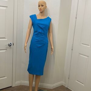 MUXXN Large Turquoise Blue  Asymmetrical Short Sleeve Midi Dress NEW SLIMMING
